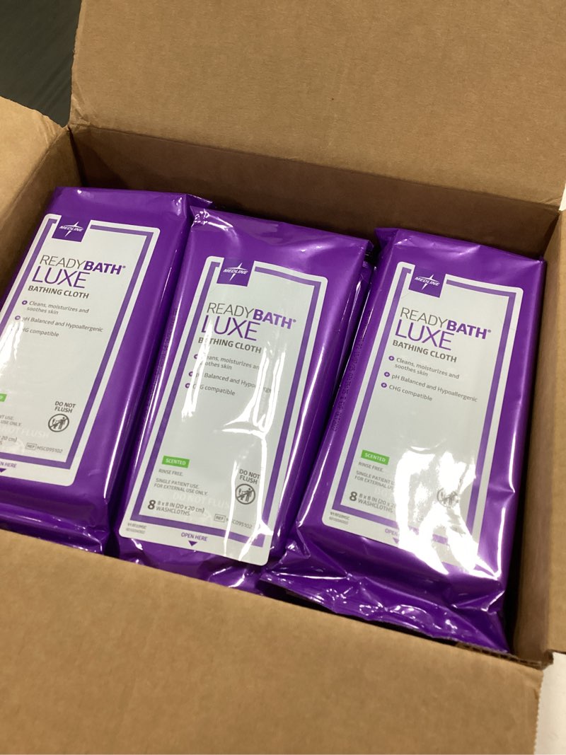 Condition photo showing New/Like New for Medline Readybath Body Wipes, Shower and Bath for Adults, No Rinse Disposable Washcloths, Extra Thick, Scented, Hypoallergenic, Aloe, Alcohol-Free, 192 Count (24 Packs), 8x8 Inch Scented 1 Count (Pack of 192)