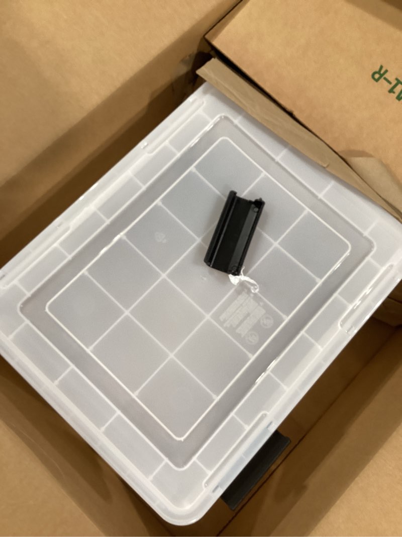 Condition photo showing As Is for iris usa file box weatherpro file organizer plastic file box for letter/legal file, water resistant document box, durable lid, seal w/secure latching buckles, stackable, nestable, clear 32 qt. 1 pack