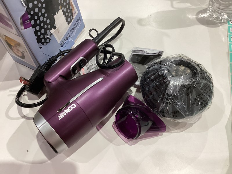 Condition photo showing Good Condition for conair worldwide folding handle hair dryer with concentrator & diffuser, 1875w travel blow dryer with smart voltage technology, ionic conditioning fights frizz, 3 heat & 2 speed settings, purple purple 1 count (pack of 1)