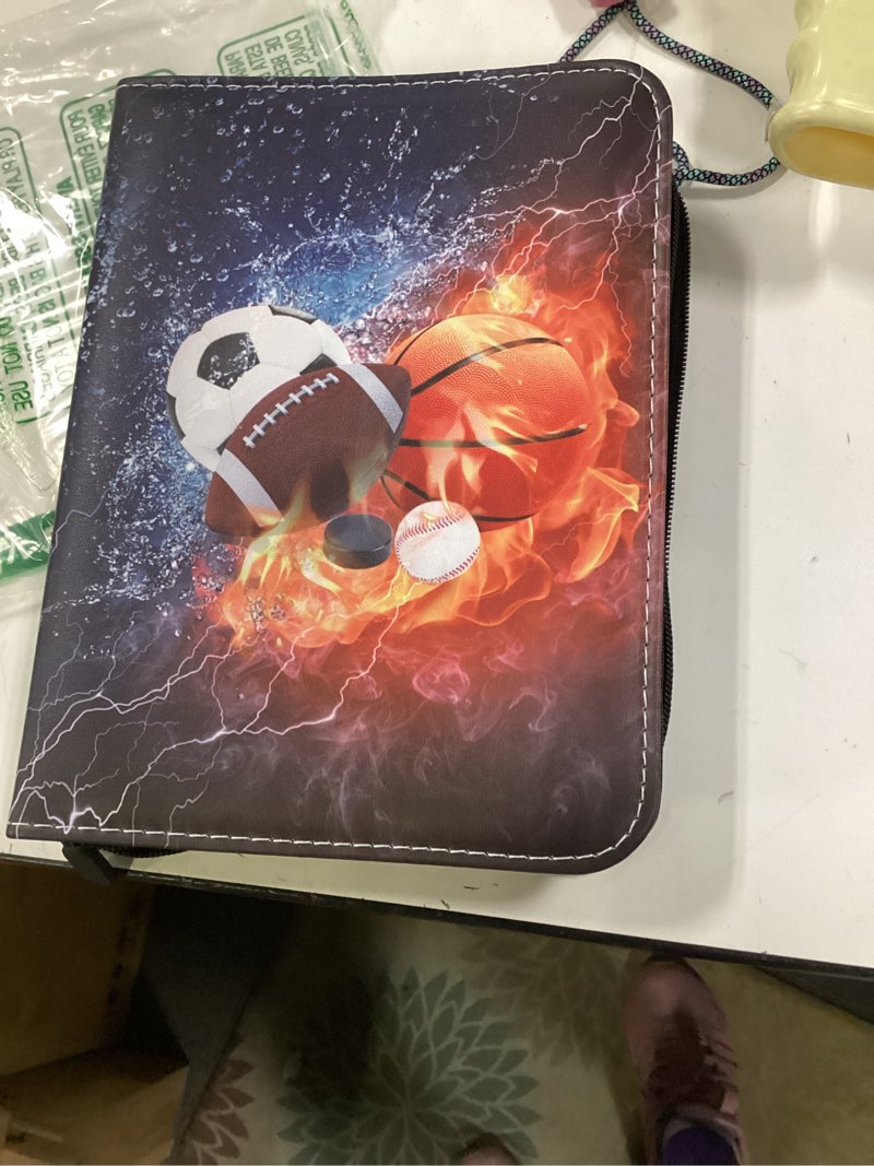Condition photo showing Good Condition for Sports Card Binder 4 Pocket Trading Card Binder 400 Pockets Double Sided Pockets Baseball Card Binder for Football Baseball Basketball Hockey Card and Other TCG Collection Storage Album 400 Cards Water and Fire Card Binder