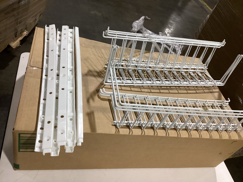 Condition photo showing As Is for PXRACK 2 Pack Under Sink Organizer,Adjustable Height,2 Tier Pull Out Under Cabinet Organizer,Slide Out Thickened Metal Under Sink Storage for Kitchen Bathroom Laundry Cabinet Pantry,White White,2-Pack