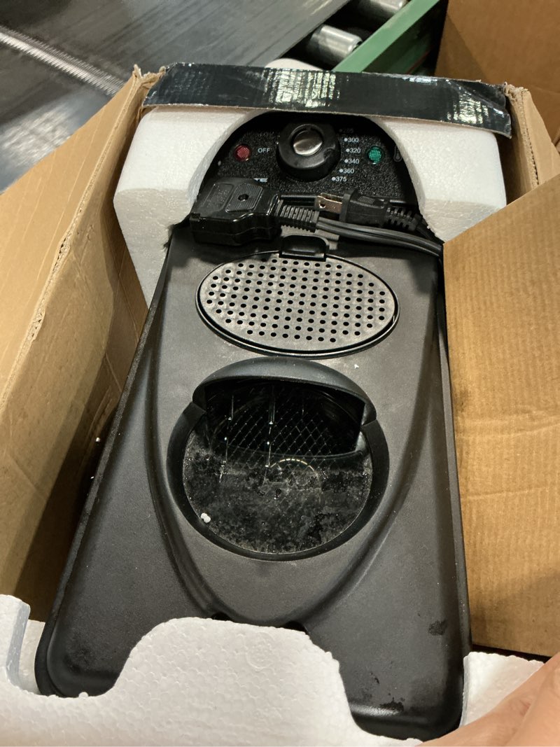 Condition photo showing As Is for ovente electric deep fryer 2 liter capacity, 1500 watt lid with viewing window and odor filter, adjustable temperature, removable frying basket and easy to clean stainless steel body, silver fdm2201br fdm2201br - silver