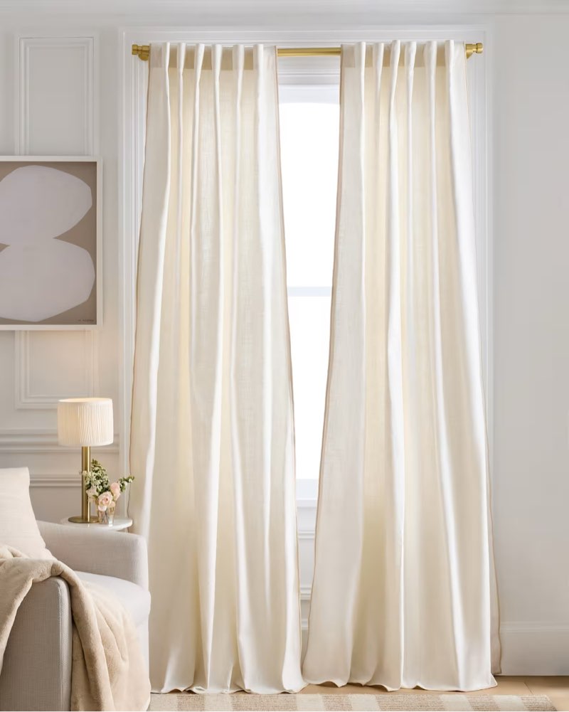 quince piped edge cotton curtain ivory/oatmetal 48”x108”