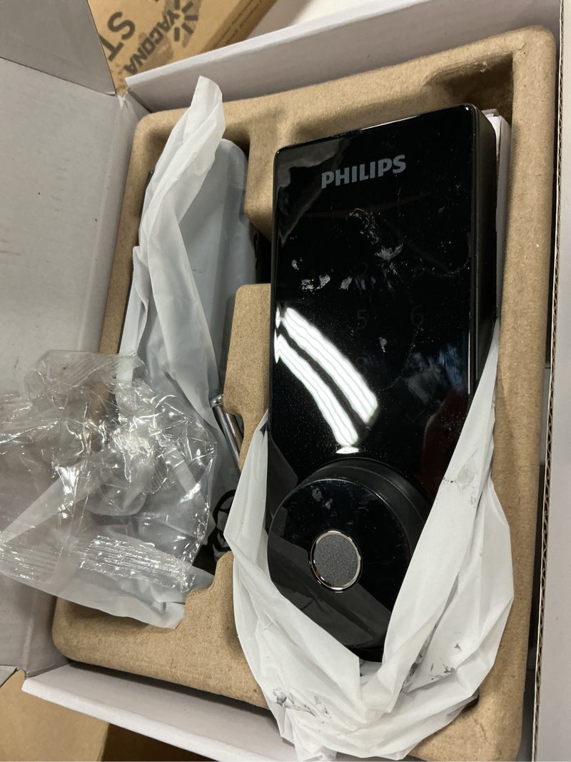 Condition photo showing As Is for philips smart lock with handles, keyless entry door lock set, keypad door lock with 2 level handles, digital keypad deadbolt for front door, app fingerprint pin code unlocking, auto locking lock + handle matte black