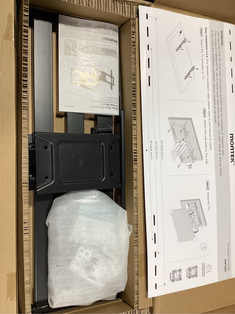 Condition photo showing Good Condition for monTEK Heavy Duty Full Motion TV Wall Mount for 43–100 Inch TVs Pre-Assembled Bracket with Tool-Free Tilt Swivel & Extension Max VESA 800x600, 150lbs 4X Strength Tested Fits 16/18 Inch Studs, HW1276BK