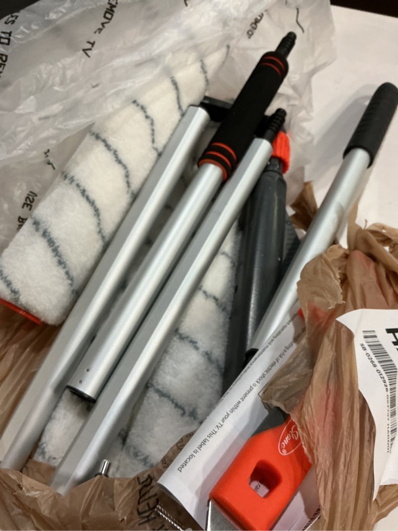 Condition photo showing As Is for 10pcs 12"-18" Adjustable Large Paint Roller Kit, 1-5 Ft Aluminum Extension Pole, Ergonomic Handle, Roller Cleaner, 18" Nylon Roller Covers for Walls,Ceiling,Floors,Interior,Exterior Painting Black, Orange