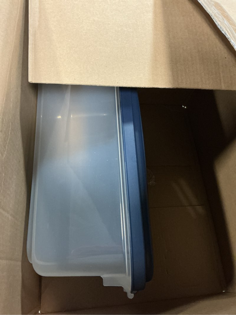 Condition photo showing As Is for iris usa airtight dog food storage container, up to 14 lbs, dog cat bird and other pet food treats storage bin, dog cat wet food cans, keep fresh, bpa free, stackable, navy