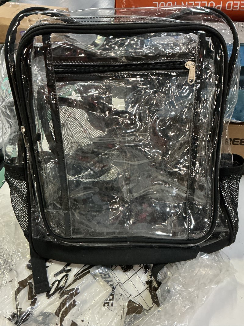 Condition photo showing As Is for vorspack clear backpack with tsa lock, 17 inch large bookbag, black | heavy duty transparent backpacks for girls boys, reinforced straps, padded bottom, fit 15.6'' laptop, clear bag for school