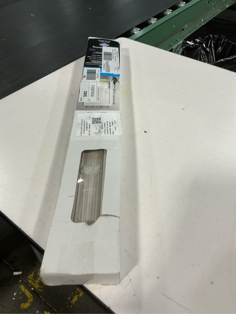 Condition photo showing As Is for mainstays 1  cordless vinyl light filtering mini blinds  white  29  w x 64  l