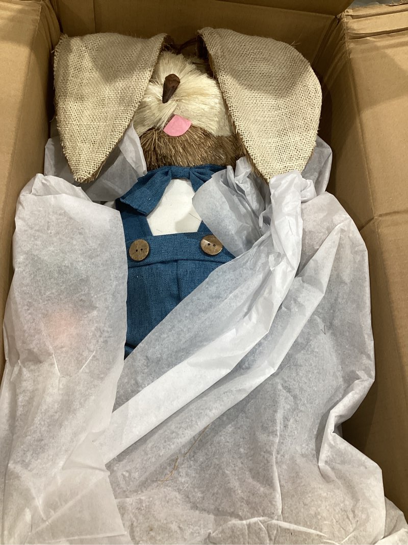 Condition photo showing As Is for juegoal easter bunny decor, 32"(2.6ft) large standing sisal rabbit figurine, handmade easter straw mr. bunny statues, cute photo props gifts for farmhouse spring home porch decorations style b
