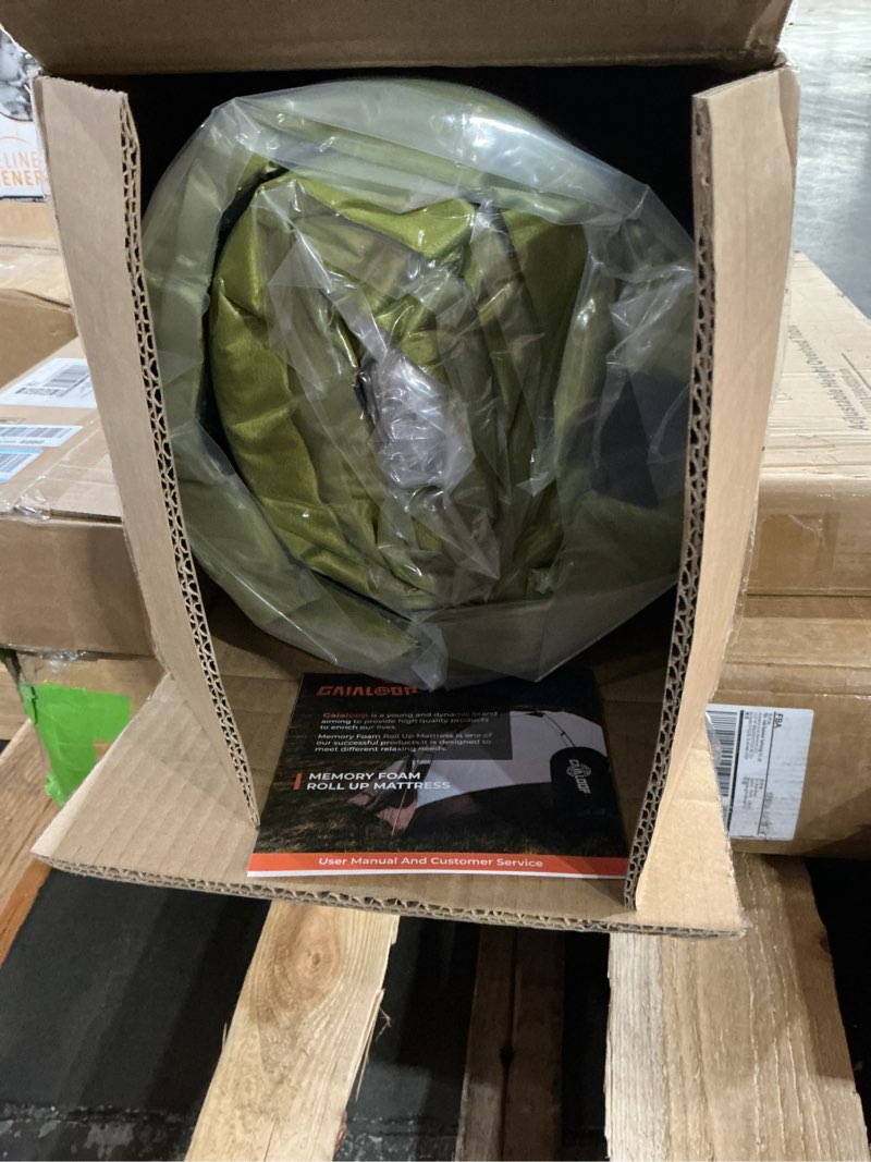 Condition photo showing New/Like New for 3 Inch Memory Foam Camping Mattress, Dual Layer Thick Sleeping Camp Pad for Car Tent Cot, Roll-Up Portable Glamping Floor Bed for Guests Sleepover Avocado Green Cot: 72*24*3"