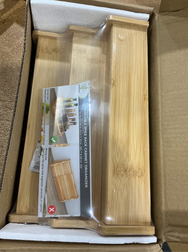 Condition photo showing New/Like New for spice rack kitchen cabinet organizer- 3 tier bamboo expandable display shelf yellow