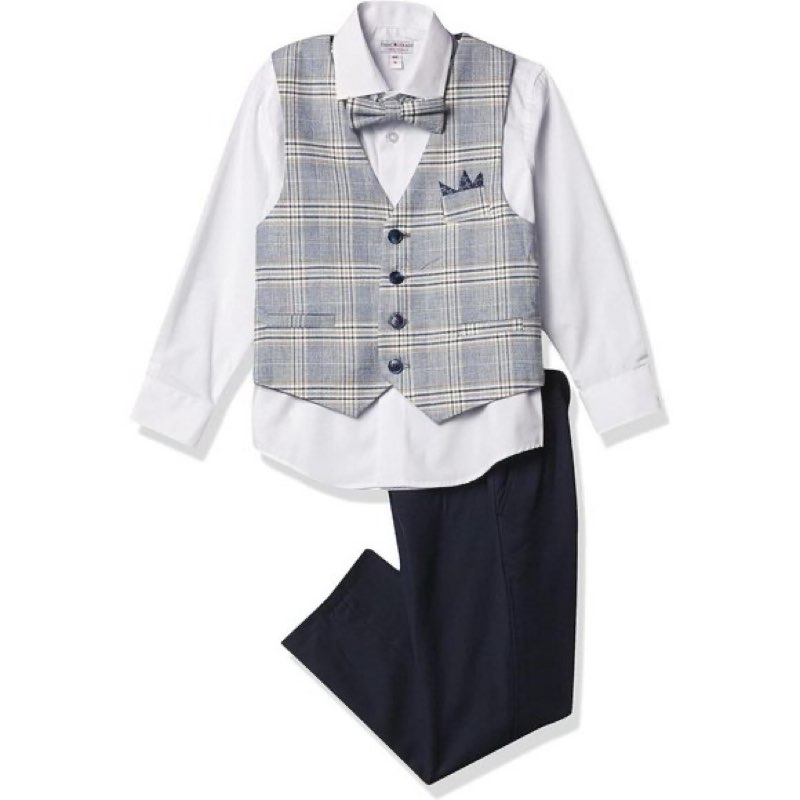Isaac Mizrahi Boys' Slim-Fit Gingham Contrast Vest and Pant Set, Tan/Blue