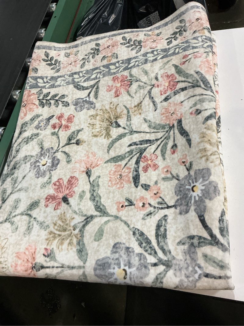 Condition photo showing Good Condition for morebes floral pink rugs for bedroom girls, washable 5x7 large area rug for living room non slip, vintage low-pile indoor floor boho flower carpet for kids nursery playroom, light pink&green pink 5' x 7' (rectangular)