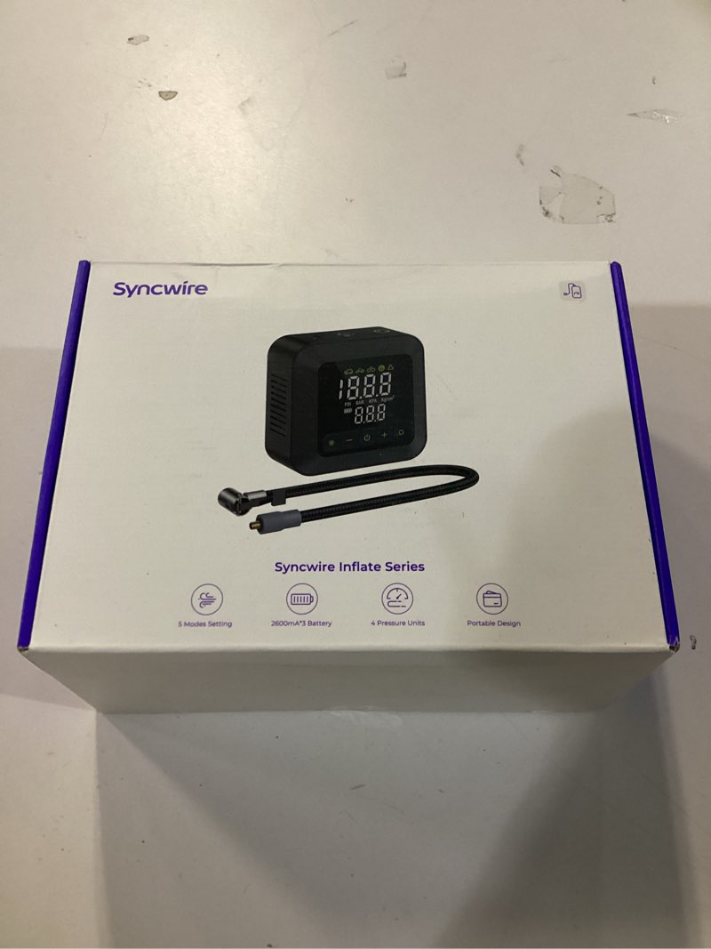 Condition photo showing New/Like New for Syncwire Tire Inflator Portable Air Compressor 150PSI Air Pump for Car Tires [3X Faster] Inflation Electric Smart Tire Pump with Extra-Large LCD Dual Value Display [Free Car Tire Valve Caps], Auto-Off Black