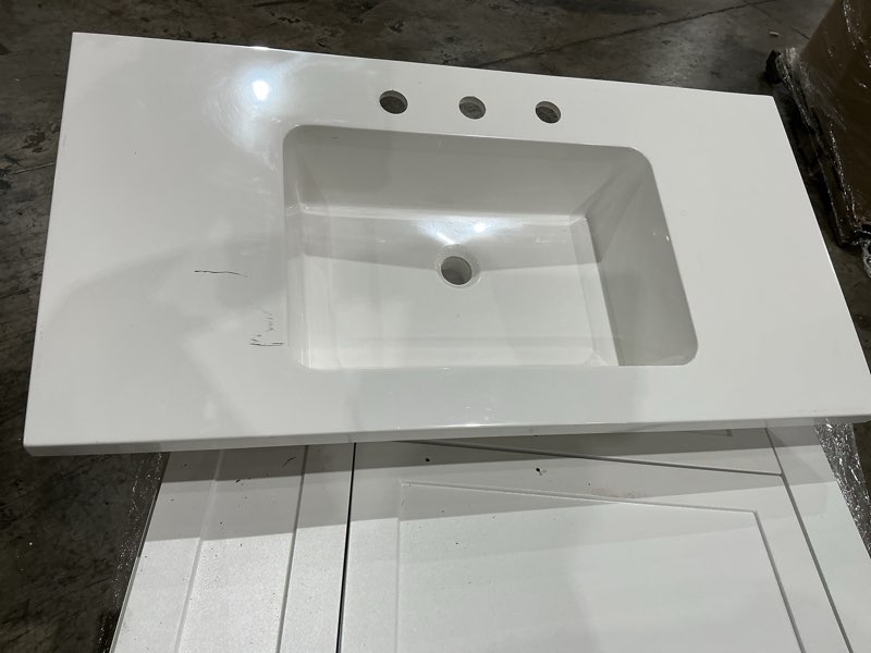 Condition photo showing As Is for d rectangular single sink bathroom vanity top white solid surface resin vanity top in glossy whit