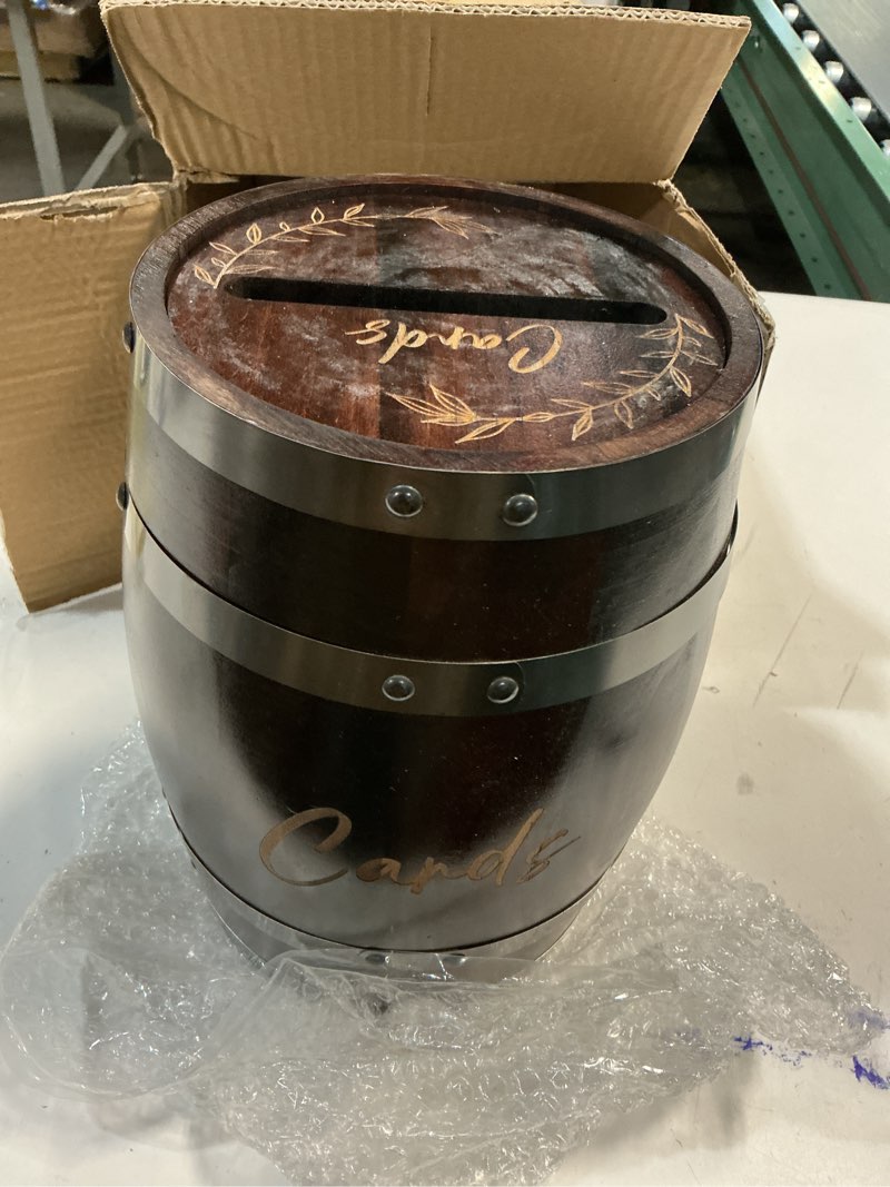 Condition photo showing As Is for OurWarm Wooden Wedding Card Box for Party with Base, Brown Whiskey Barrel Gift Cards Holder with Slot, Rustic Envelope Money Card Box for Wedding Graduation Bridal Shower Party Decoration Chestnut