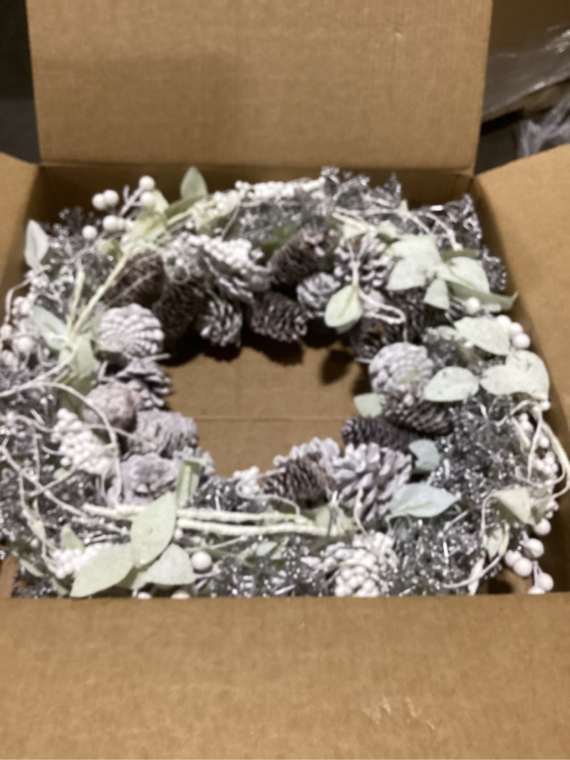 Condition photo showing Good Condition for Birch Wreath with White Berries, Iced Pine Cones, Holly Leaf, Branch - 26" Winter Christmas Wreath for Front Door or Indoor Wall Window Thanksgiving Decor Silver Green