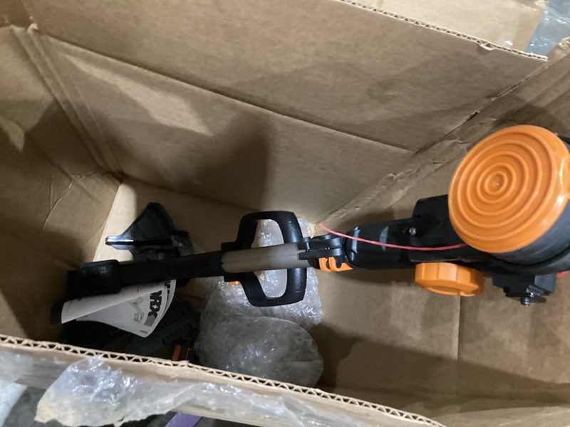 Condition photo showing As Is for worx nitro power share brushless 20-volt 13-in telescopic shaft battery string trimmer edger conversion capable 4 ah