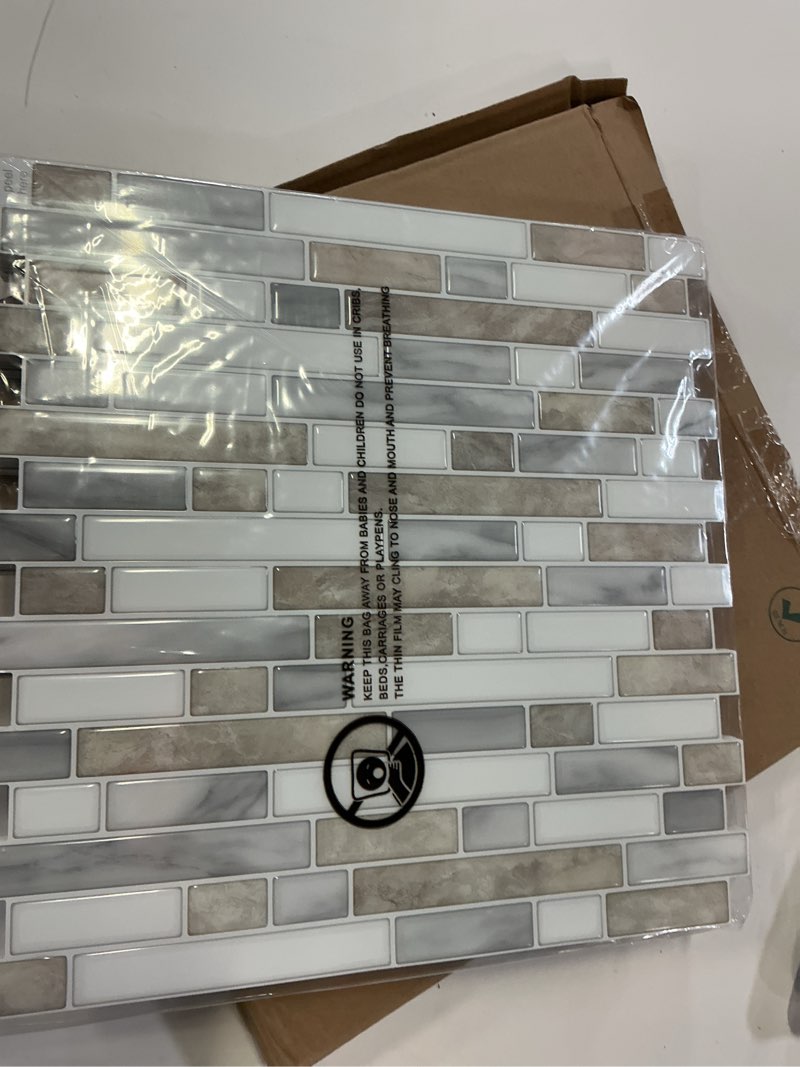 Condition photo showing New/Like New for white and beige 12 in. x 12 in. vinyl peel and stick backsplash, self-adhesive wall tiles for kitchen bathroom (10-pack)