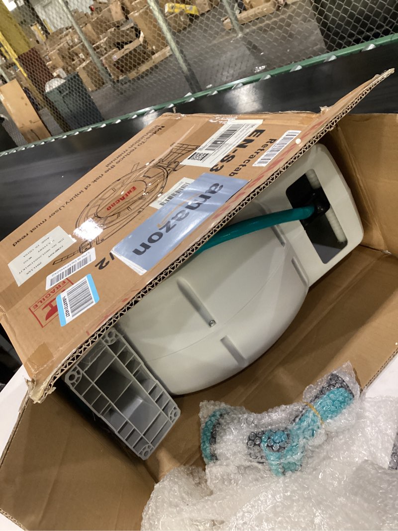 Condition photo showing Good Condition for eneacro retractable garden hose reel with wall mount 1/2"×100ft with 10 pattern hose nozzle, brass connector, auto rewind/any length lock/ 180° swivel bracket, ideal for garden watering