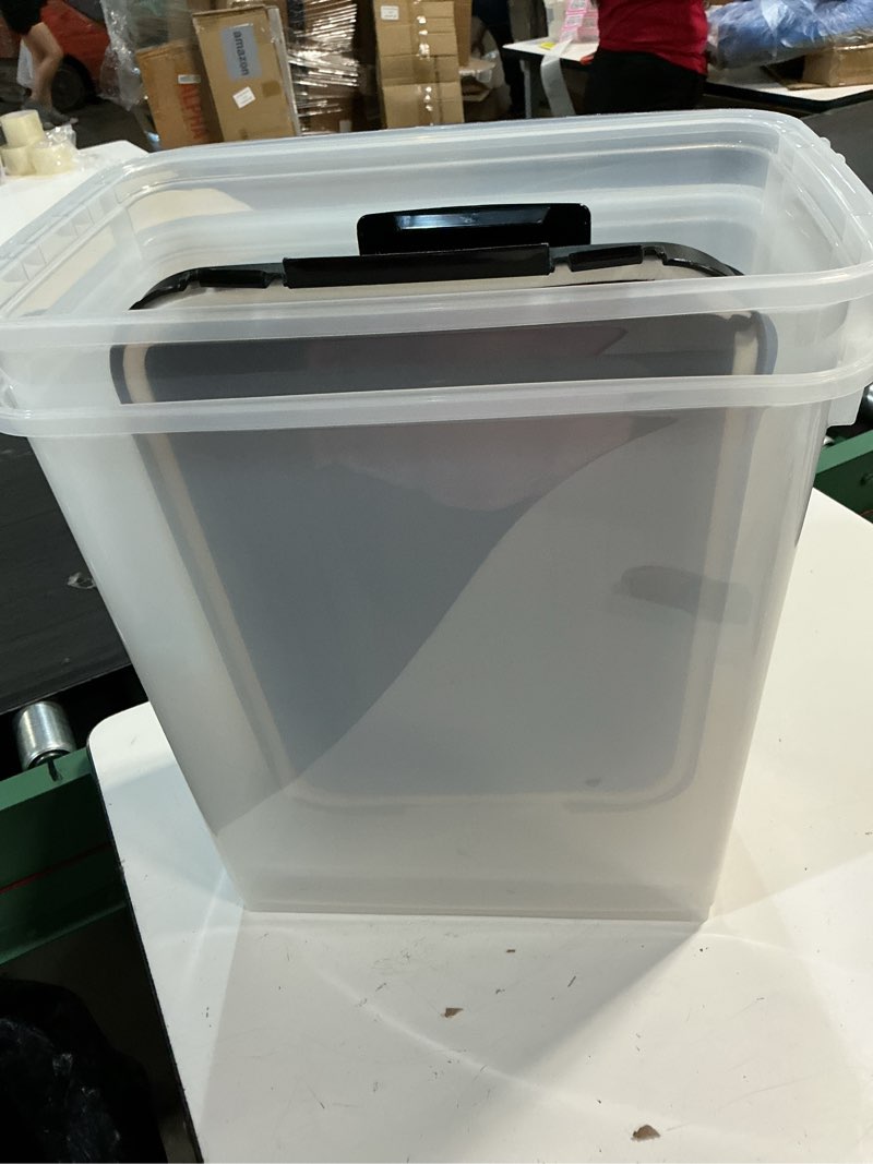 Condition photo showing New/Like New for iris usa dog food storage container, 2 pack, up to 30 lbs each, airtight seal for freshness, wheels for rolling, easy one hand opening, made in usa, bpa free, clear/black 30 lbs - 2 pack black