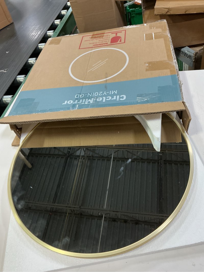 Condition photo showing Good Condition for Bathroom Mirror for Wall, 20 Inch Round Mirror, Matte Gold Metal Framed Circle Vanity Mirror for Bathroom Bedroom Living Room Entryway, Anti-Rust, Tempered Glass, Hanging or Leaning Round 20"L x 20"W Matte Gold