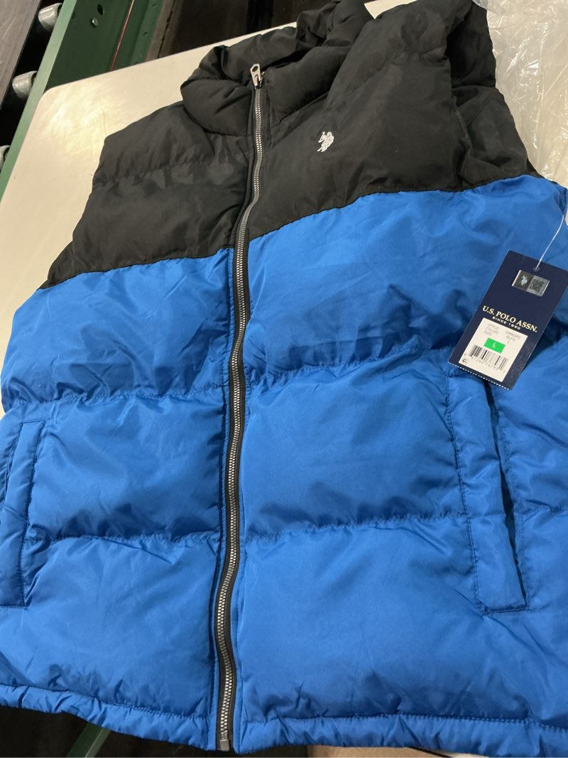 Condition photo showing New/Like New for u.s. polo assn. men's uspa color-block puffer vest large blue falls