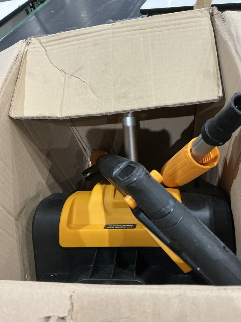 Condition photo showing As Is for cordless snow shovel compatible with dewalt 20v max battery (tool only), 11" lightweight electric snow blower with 20ft max throw & adjustable handle, snow thrower for driveway, deck, patio & steps black+yellow