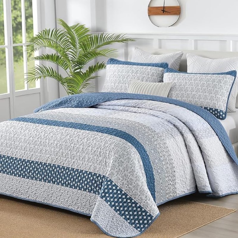wongs bedding quilt set king size,3 pieces mineral blue striped bedspread coverlet set with 2 pillow