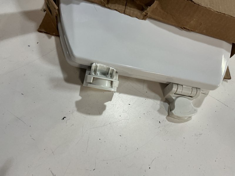 Condition photo showing As Is for bemis round enameled wood toilet seat in cotton white with easy•clean hinge