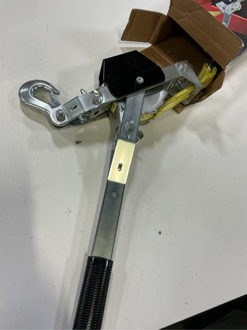 Condition photo showing As Is for x-power heavy-duty steel pulley, 8ft, ratcheting system for lifting, lowering, pulling, and stretching- ideal for construction, farming, hunting