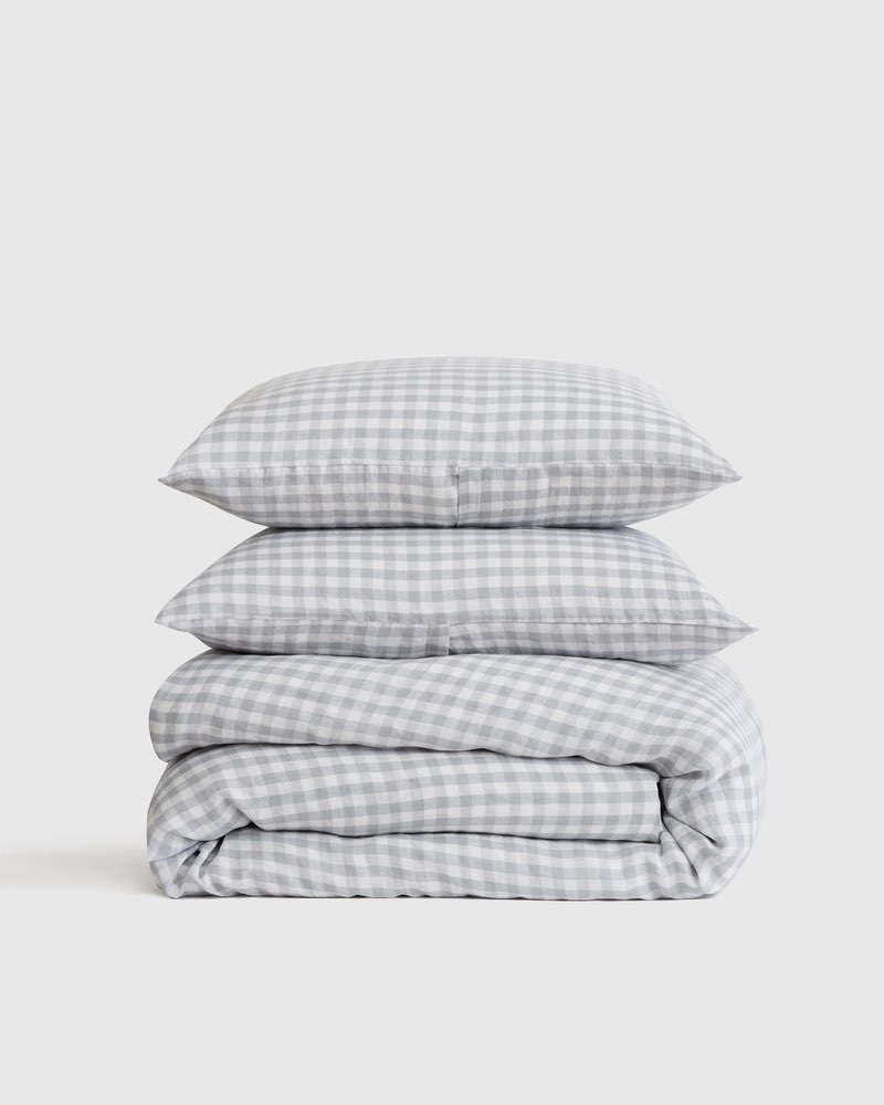 quince european linen gingham duvet cover set, queen/ blue fog(4 pieces)