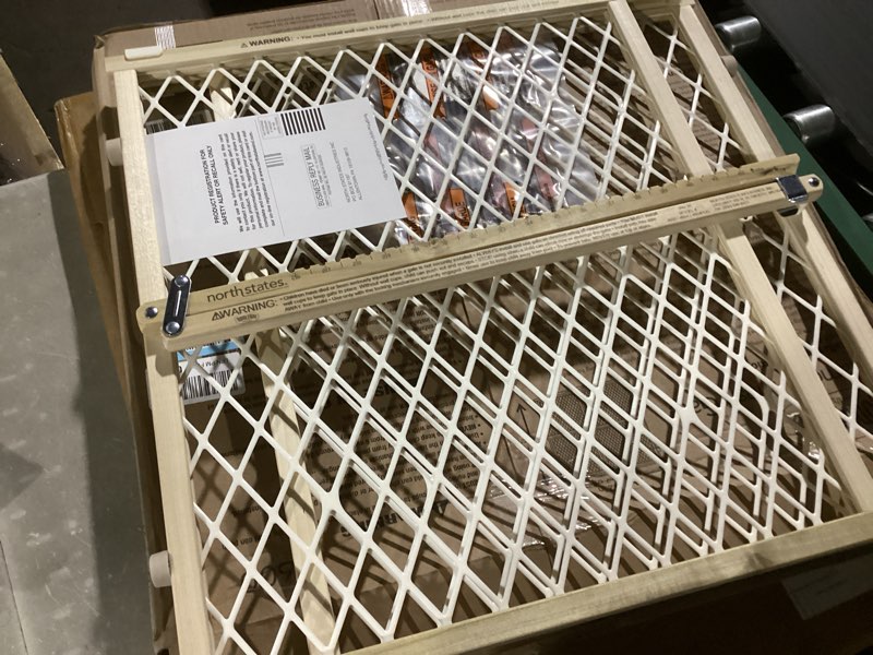 Condition photo showing New/Like New for toddleroo by north states - diamond mesh wooden baby gate: pressure mounted baby gate for doorways - adjustable 26.5 to 42 inches wide - 23 inches tall