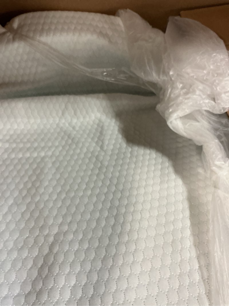 Condition photo showing As Is for bedluxe wedge pillow, 10 inch bed wedge pillow for headboard, pillow wedge for acid reflux relief, sleeping, back pain relief, snoring, triangle pillow wedge, white/grey 24*24*10 inch white grey