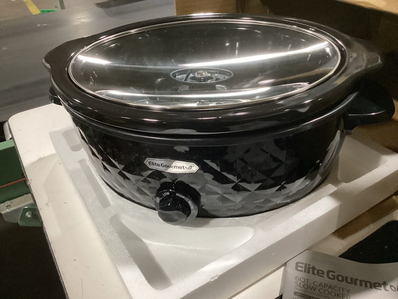 Condition photo showing As Is for elite gourmet mst-1234b## 6 quart diamond pattern slow cooker, removable, dishwasher-safe stoneware pot with tempered glass lid, cool-touch handles, 6 quart, black 6 quarts