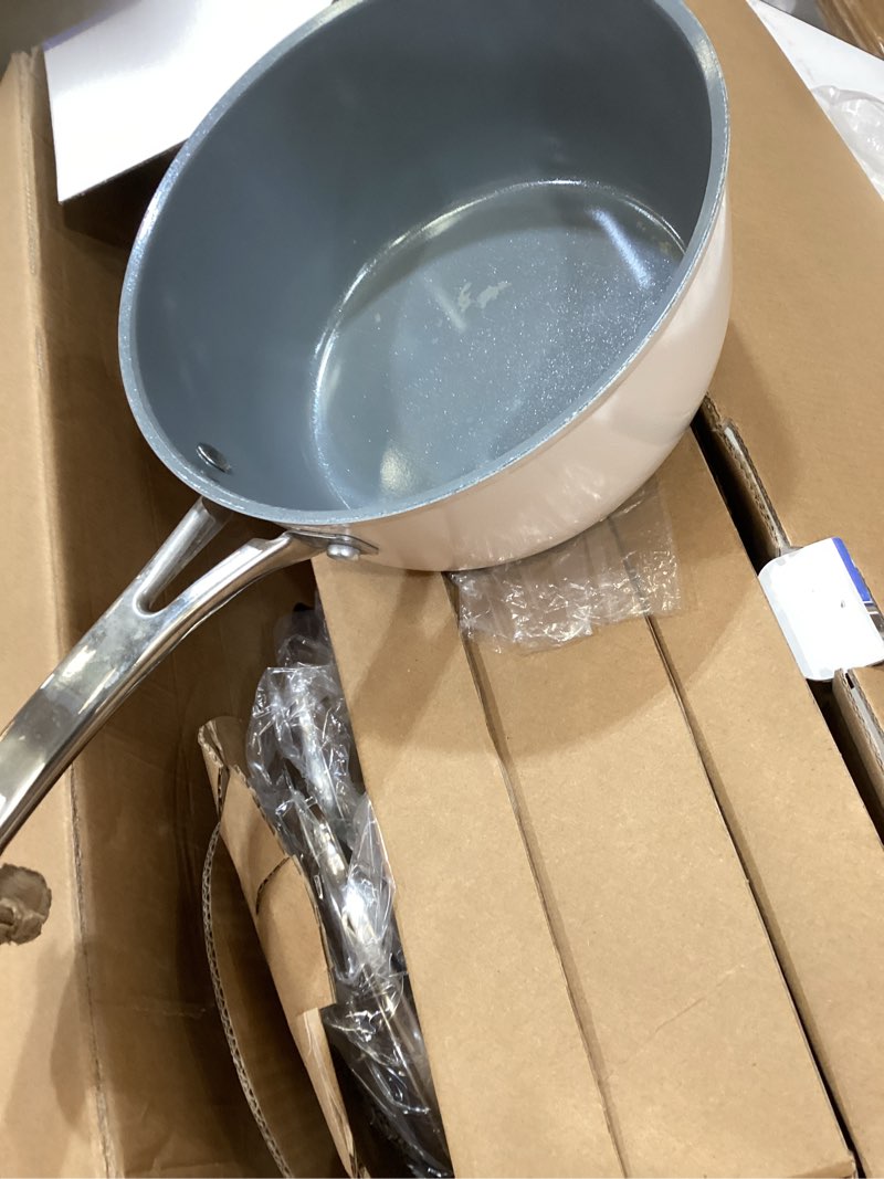 Condition photo showing As Is for sur la table kitchen essentials 10 piece pfa free non-toxic titanium ceramic nonstick interior forged aluminum cookware pots and pans set - linen white - induction compatible linen white 10-piece cookware set