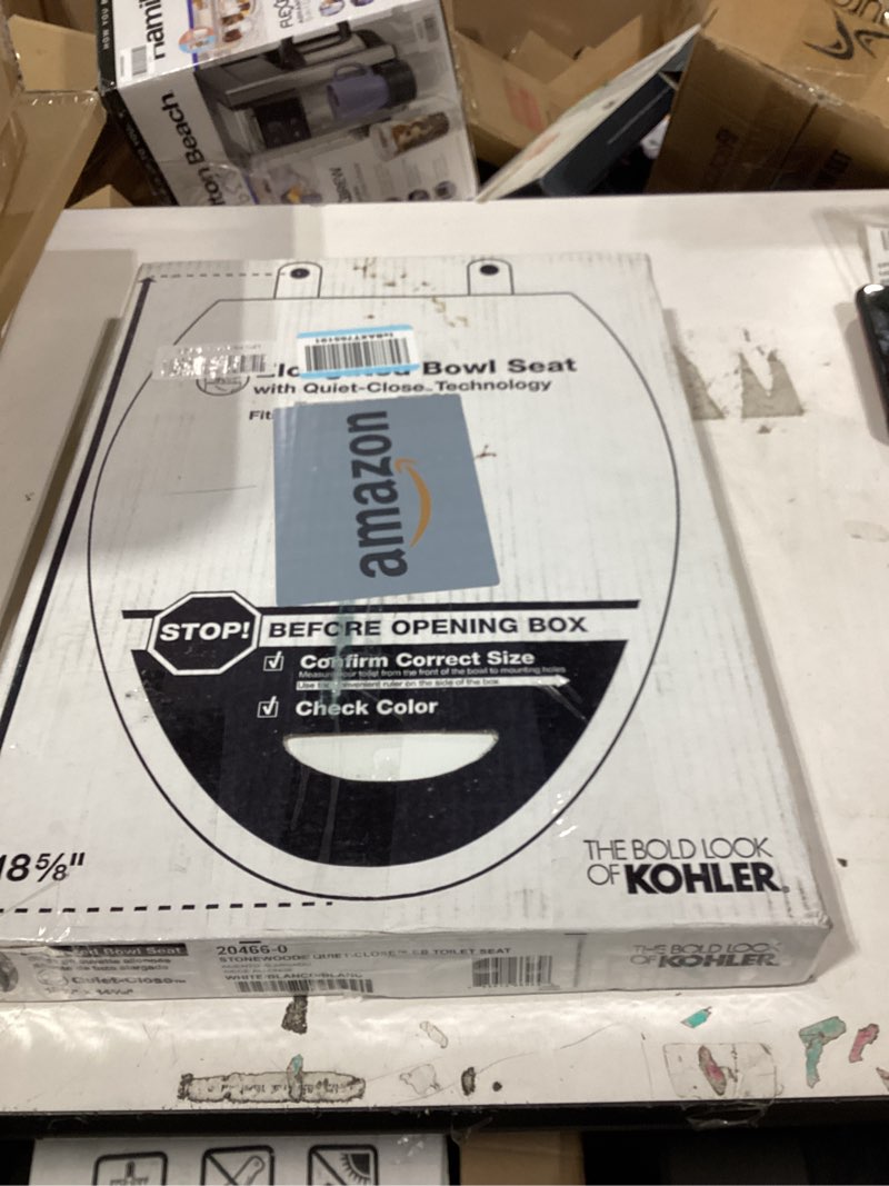 Condition photo showing New/Like New for kohler stonewood quiet-close elongated toilet seat, slow close design, durable wood, easy installation, universal fit, white finish, k-20466-0
