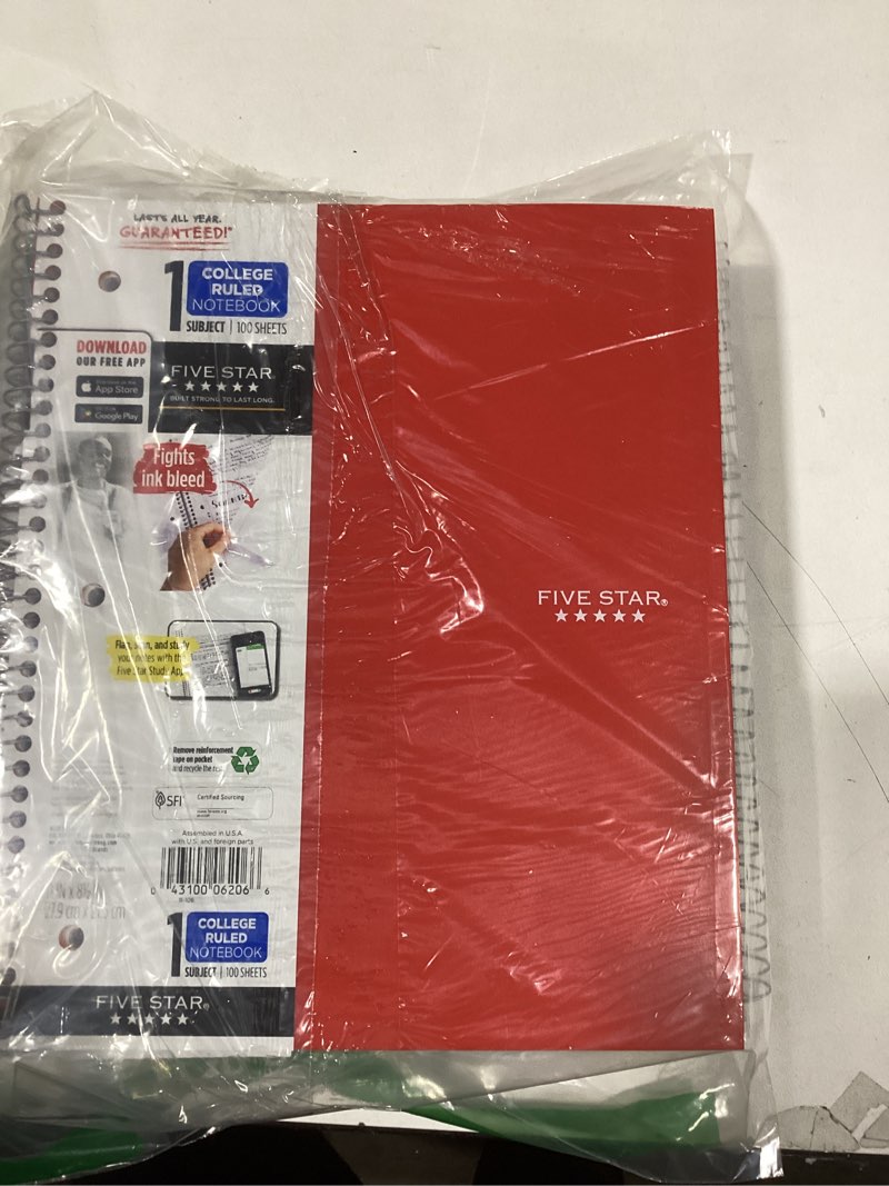 Condition photo showing New/Like New for Five Star Spiral Notebook + Study App, 6 Pack, 1 Subject, College Ruled Paper, 8-1/2" x 11", 100 Sheets, Fights Ink Bleed, Water Resistant Cover, Assorted Colors (38052)