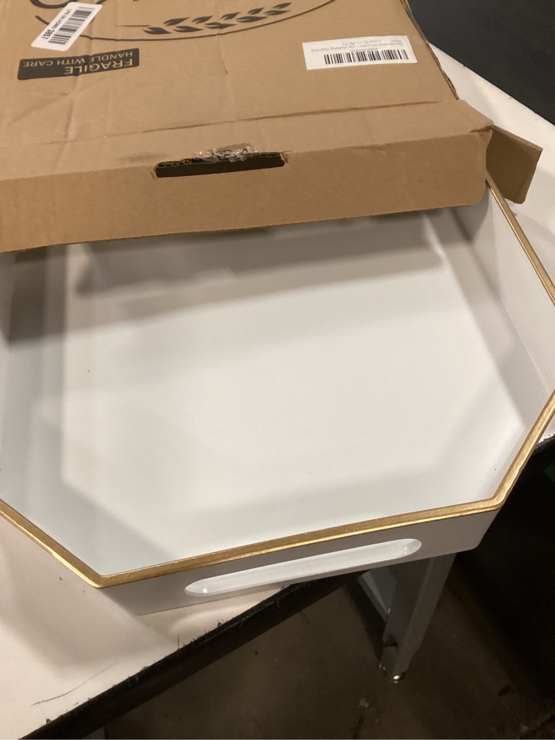 Condition photo showing Good Condition for white decorative tray with handles, octagon versatile serving tray for coffee table, ottoman, ideal for serving, displaying, organizing 15.7" x 10.2" x 1.6" re8 white