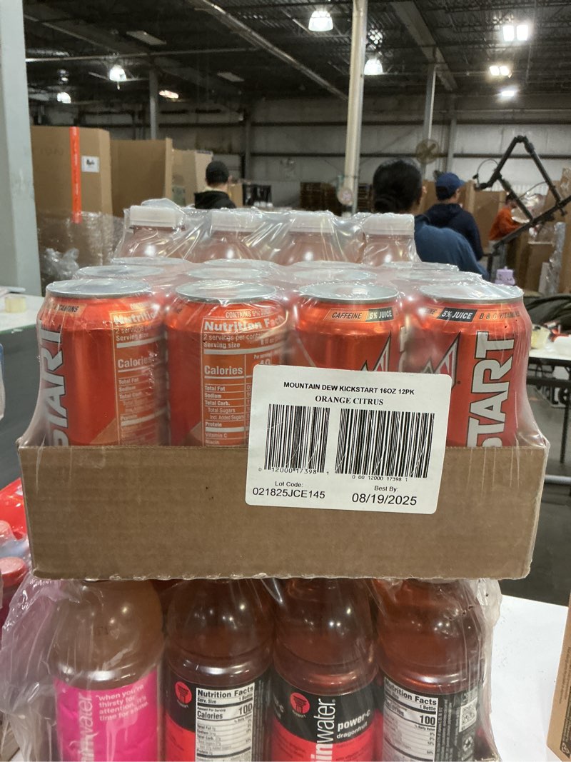 Condition photo showing New/Like New for ((BB:08/19/2025))Mountain Dew Kickstart, Orange Citrus, 92mg Caffeine, Vitamins B & C, 80 Calories, 5% Juice, 16 Fl Oz (Pack of 12) Orange Citrus 16 Fl Oz (Pack of 12)