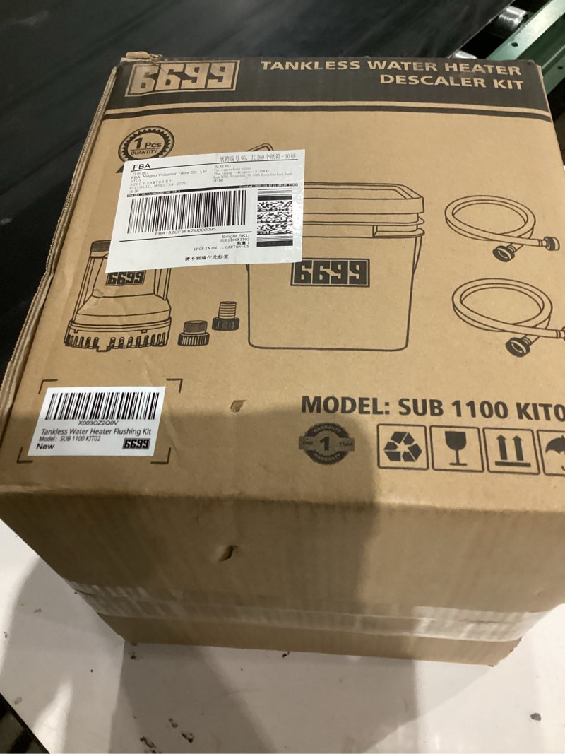 Condition photo showing item condition for Tankless Water Heater Flushing Kit Includes 1/6HP Submersible Sump Pump with Two Adapters & 3 Gallons Pail with Bucket Lid Opener & Two 1/2” Dia X 6’ PVC Hoses with Washers 0.17 Horsepower
