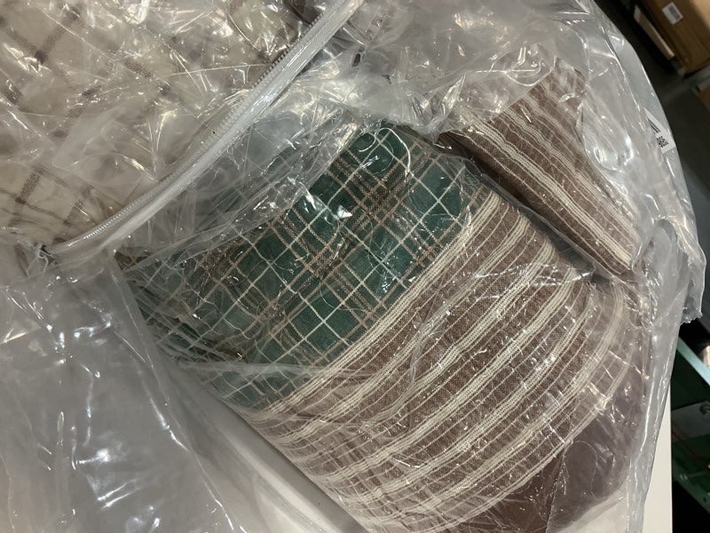 Condition photo showing Good Condition for finlonte 100% cotton king size quilt set, patchwork striped king quilt bedding set farmhouse bedspread, lightweight quilted comforter reversible bed spread for all season, green/brown/beige, 3 pieces brown/beige/green king (98"x106")