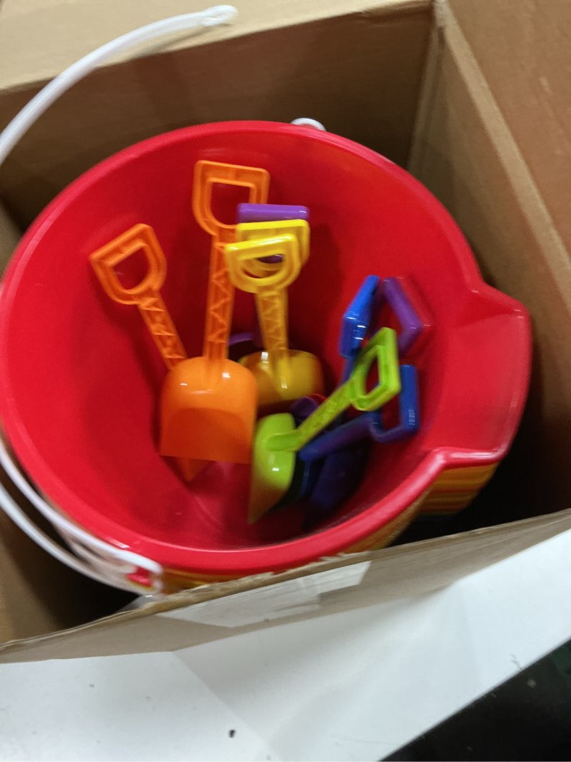 Condition photo showing New/Like New for 12 set beach sand buckets and shovels set includes 9 inch large sand buckets and shovels beach pails toys for kids for summer theme party favors summer game (6 colors) 6 colors 12