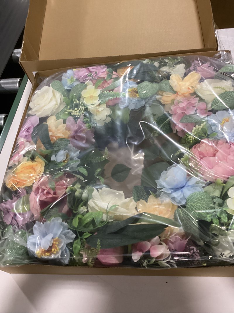 Condition photo showing New/Like New for idyllic 22 inch spring wreath for front door with pink blue roses and hydrangeas romantic artificial flower wreath for indoor outdoor wedding porch and wall decor