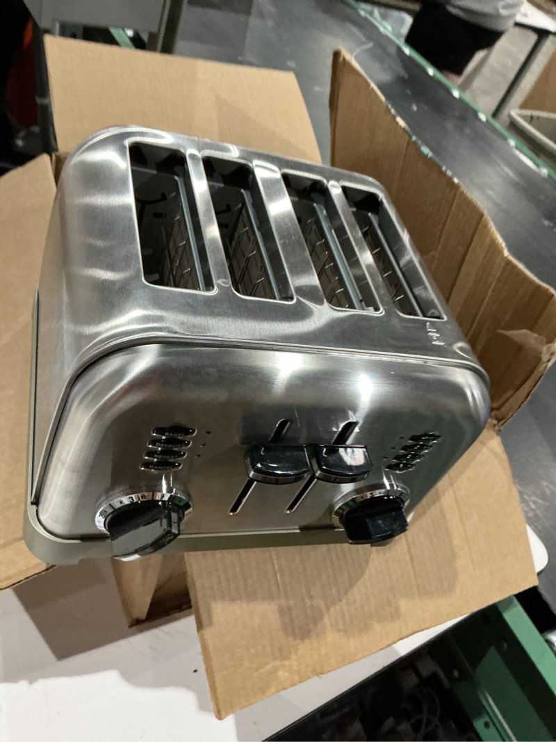 Condition photo showing As Is for cuisinart 4 slice compact stainless steel toaster with extra-wide slots for bread, french toast, bagels & pastries, defrost & reheat functions, cpt-180p1, brushed stainless, removable crumb