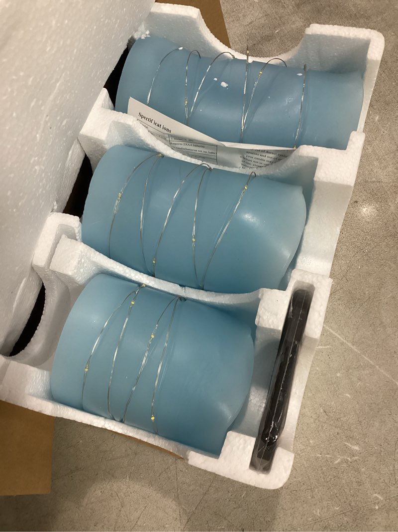 Condition photo showing Good Condition for danip sky blue led flameless candle, with embedded star string, 3-piece set of led candles, with 11 button remote control, 24-hour timer function, dancing flames, real wax, battery powered. sky bluez#1*3