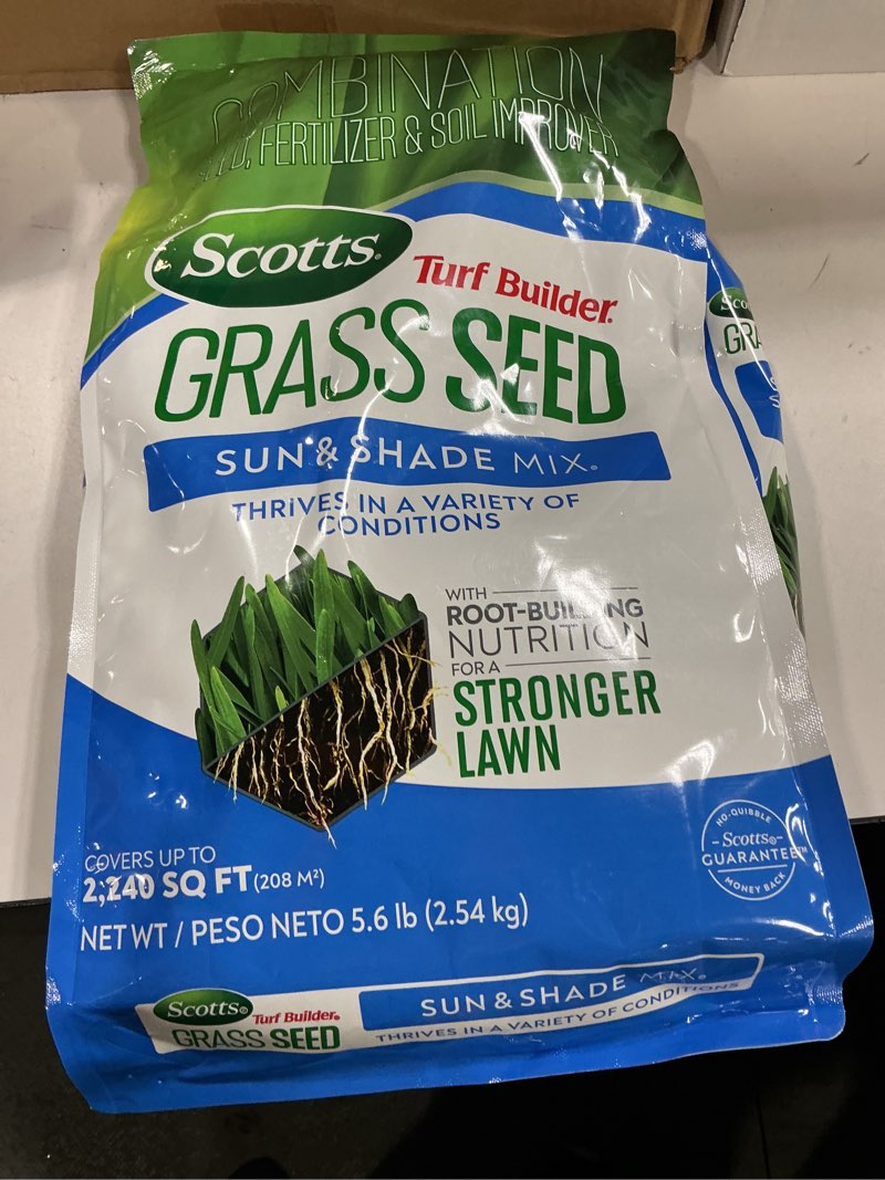 Condition photo showing New/Like New for Scotts Turf Builder Grass Seed Sun & Shade Mix with Fertilizer and Soil Improver, Thrives in Many Conditions, 5.6 lbs. 5.6 lb.
