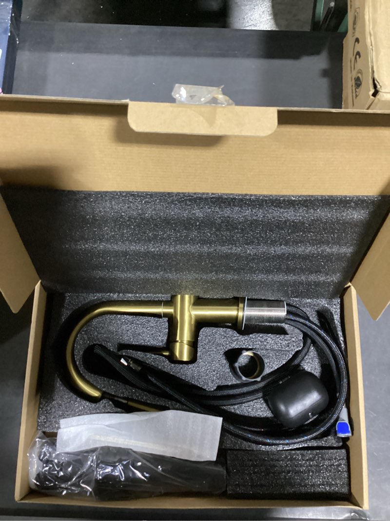 Condition photo showing Good Condition for KENES Brushed Gold Single Handle Bathroom Faucet with Pull Out Sprayer, Pull Down Bathroom Sink Faucet with Sprayer, Vanity Bar Faucet with Pop Up Drain & Deck Plate, KE-9065B-4 Short Brushed Gold
