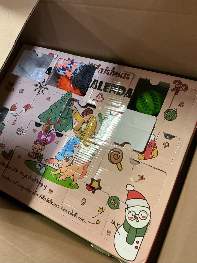 Condition photo showing Good Condition for Dog Advent Calendar 2025, Christmas Dog Toys Chew Ropes Squeaky Balls Teething Toys Bow Tie Collars Bandana, 24 Set Christmas Countdown Calendar Gift for Dog Puppy Orange